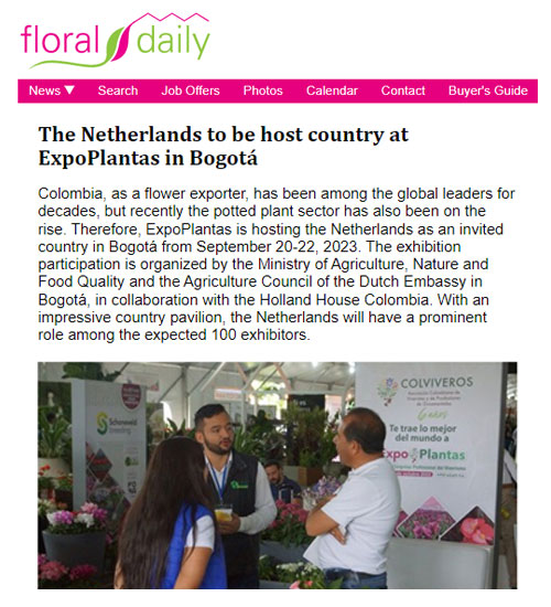 The Netherlands to be host country at ExpoPlantas - Colombia